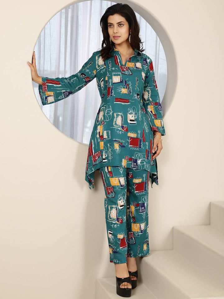 Rayon Hip Length Printed Asymmetric 3/4 Sleeves Shirt Coller Kurta Suit Set