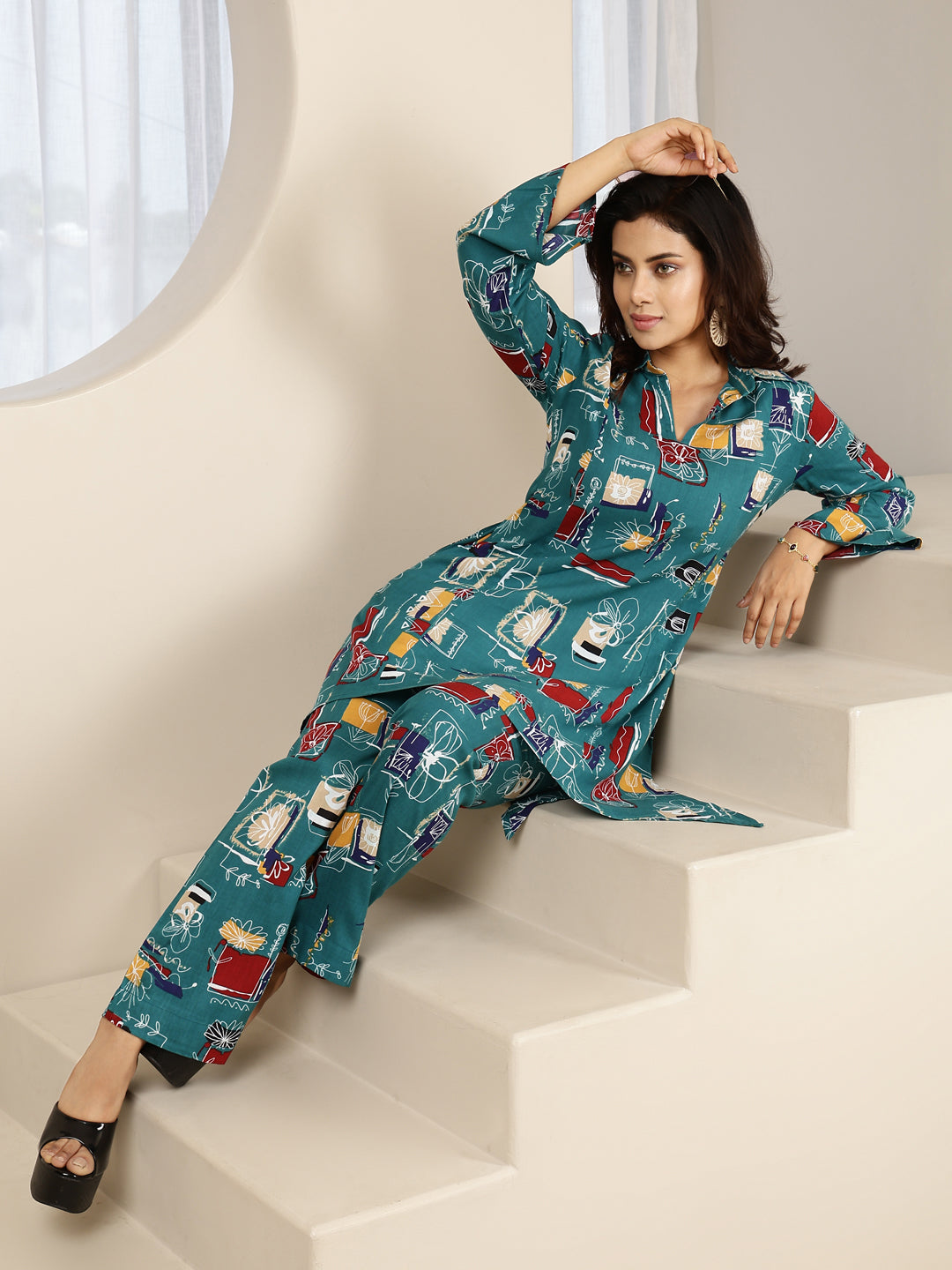 Rayon Hip Length Printed Asymmetric 3/4 Sleeves Shirt Coller Kurta Suit Set