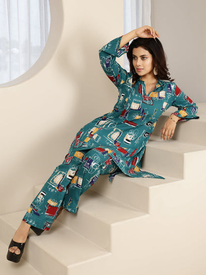 Rayon Hip Length Printed Asymmetric 3/4 Sleeves Shirt Coller Kurta Suit Set