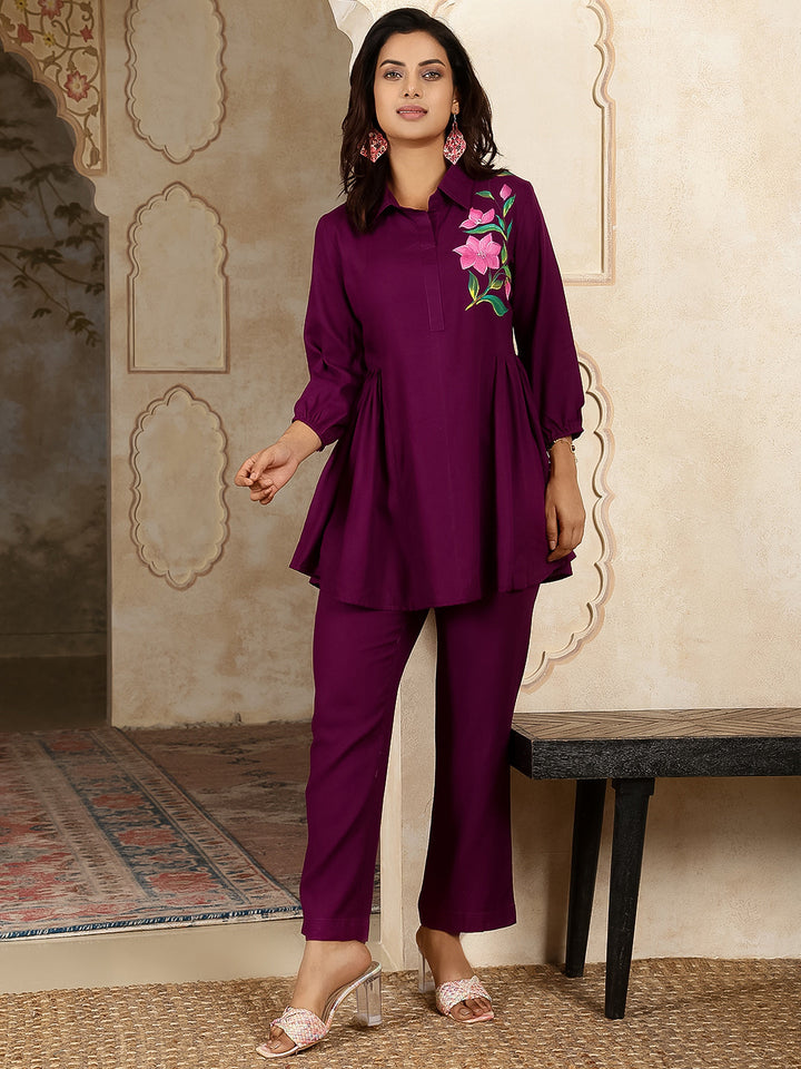 Rayon Hip Length Solid Flared 3/4 Sleeves Shirt Coller Kurta Suit Set