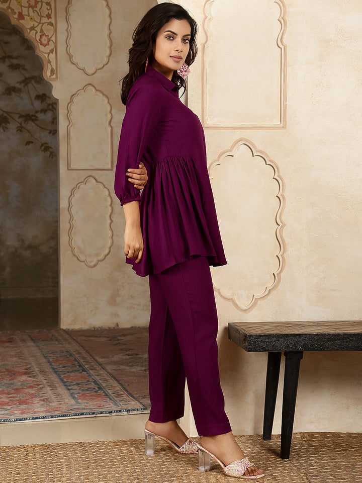 Rayon Hip Length Solid Flared 3/4 Sleeves Shirt Coller Kurta Suit Set