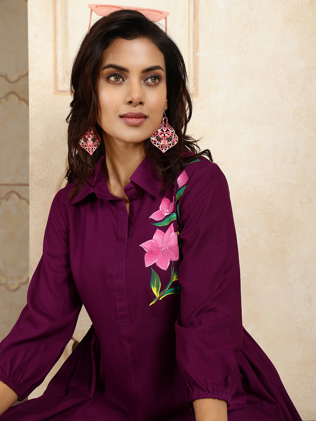 Rayon Hip Length Solid Flared 3/4 Sleeves Shirt Coller Kurta Suit Set