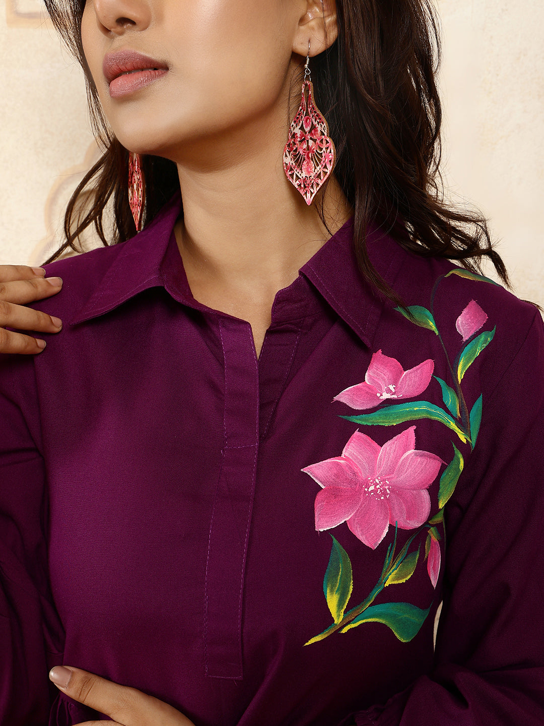 Rayon Hip Length Solid Flared 3/4 Sleeves Shirt Coller Kurta Suit Set