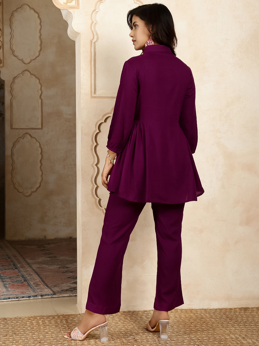 Rayon Hip Length Solid Flared 3/4 Sleeves Shirt Coller Kurta Suit Set