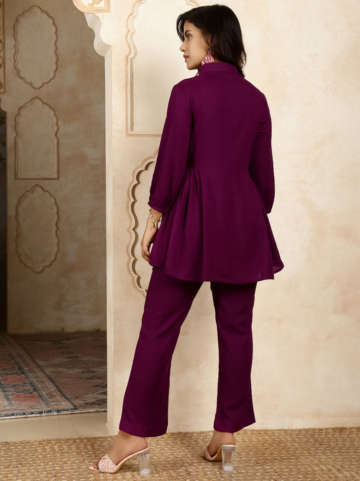 Rayon Hip Length Solid Flared 3/4 Sleeves Shirt Coller Kurta Suit Set