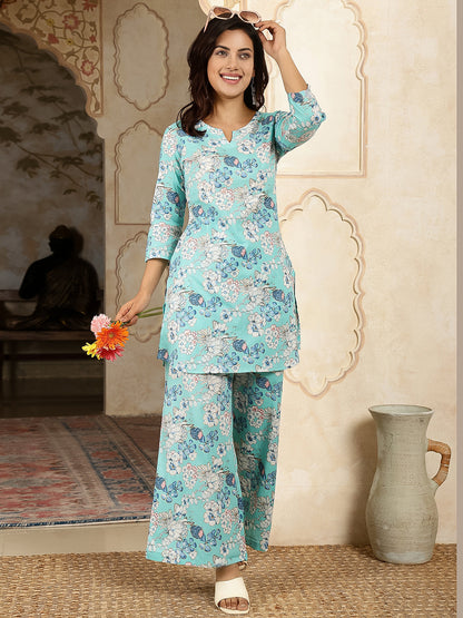 Cotton Hip Length Printed Straight 3/4 Sleeves Round Kurta Suit Set