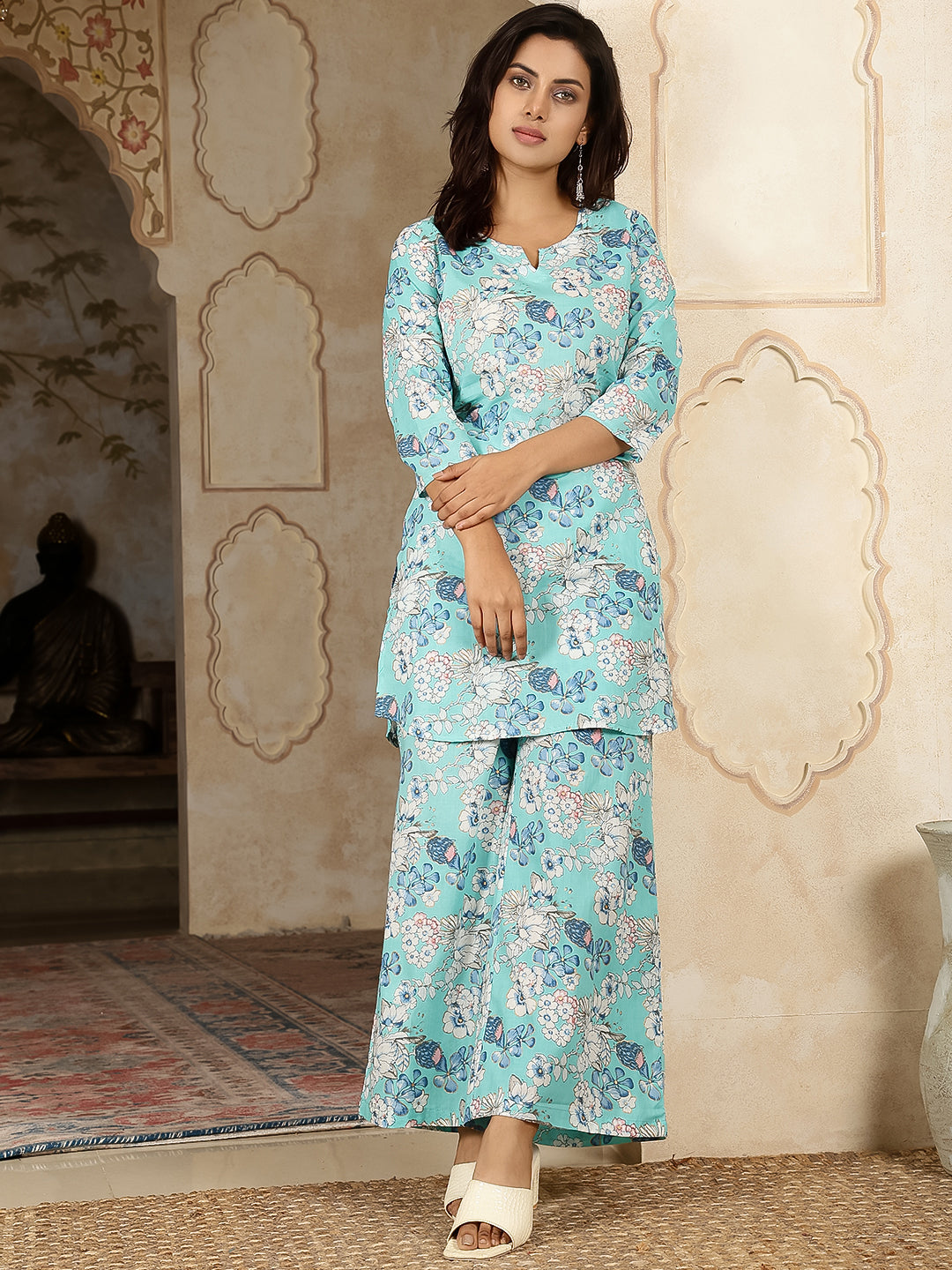 Cotton Hip Length Printed Straight 3/4 Sleeves Round Kurta Suit Set