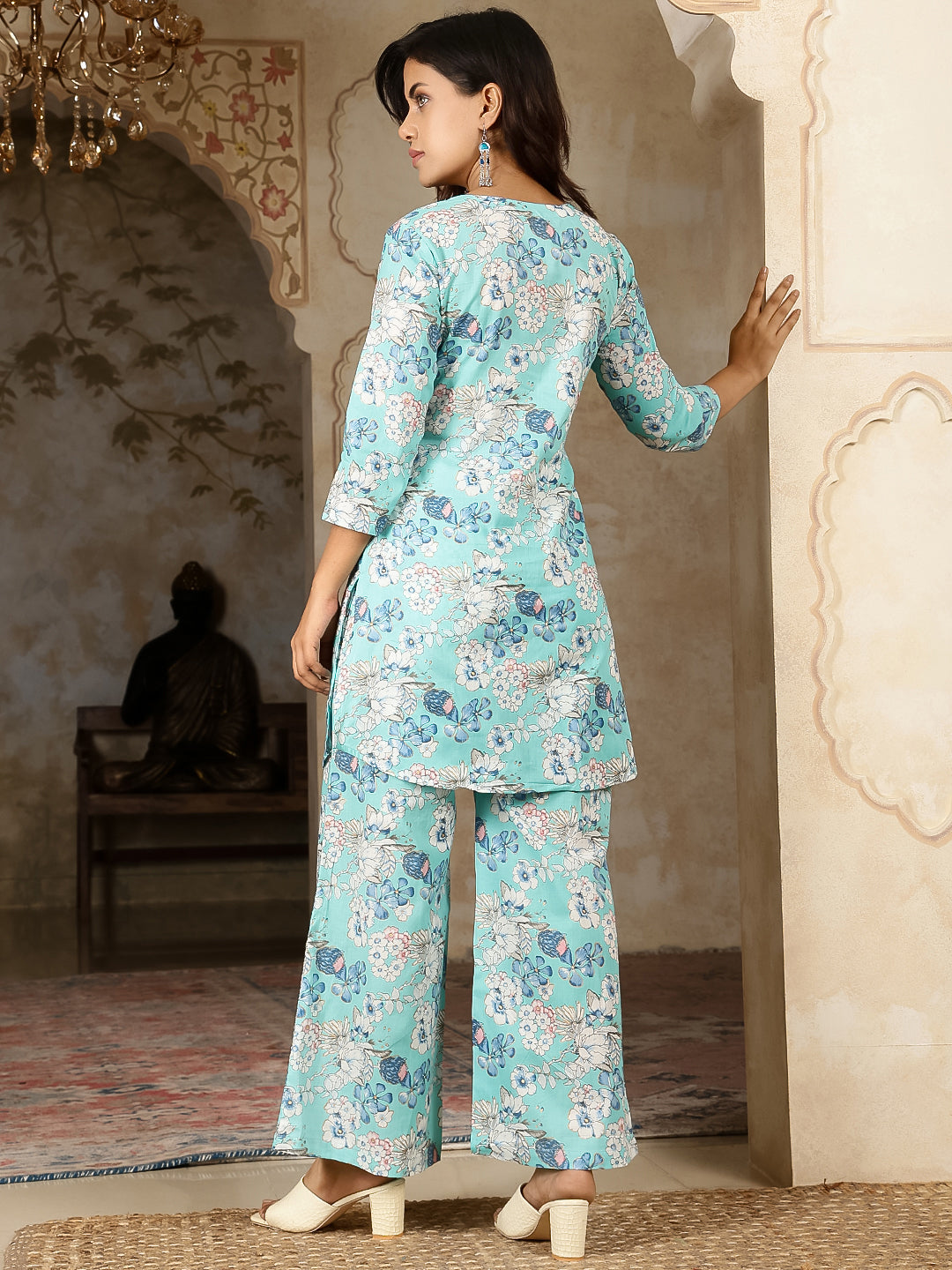 Cotton Hip Length Printed Straight 3/4 Sleeves Round Kurta Suit Set