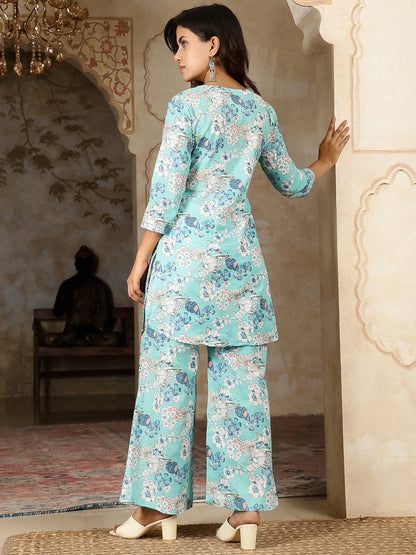 Cotton Hip Length Printed Straight 3/4 Sleeves Round Kurta Suit Set