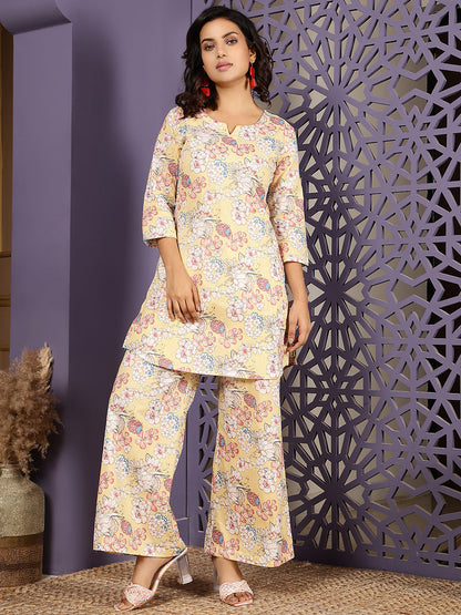 Cotton Hip Length Printed Straight 3/4 Sleeves Round Kurta Suit Set