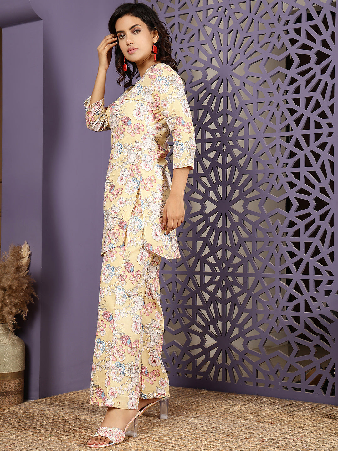 Cotton Hip Length Printed Straight 3/4 Sleeves Round Kurta Suit Set
