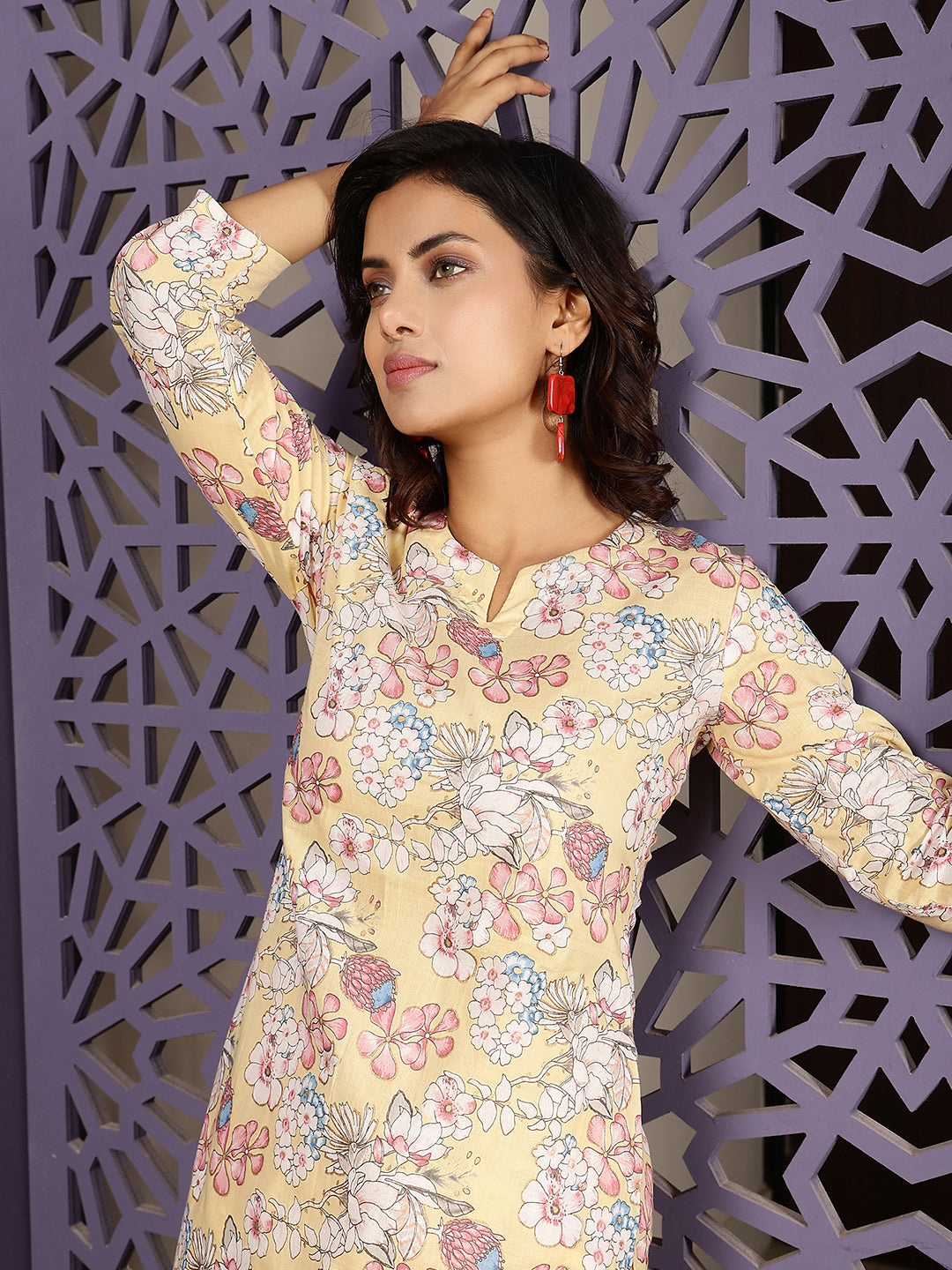 Cotton Hip Length Printed Straight 3/4 Sleeves Round Kurta Suit Set