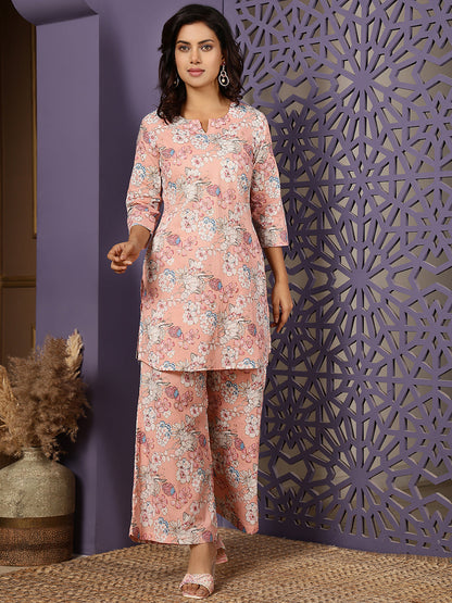 Cotton Hip Length Printed Straight 3/4 Sleeves Round Kurta Suit Set