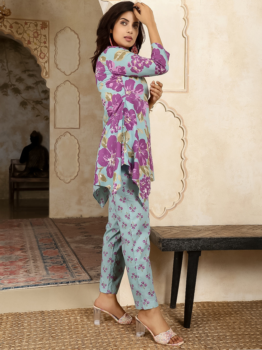 Cotton Hip Length Printed Asymmetric 3/4 Sleeves Shirt Coller Kurta Suit Set
