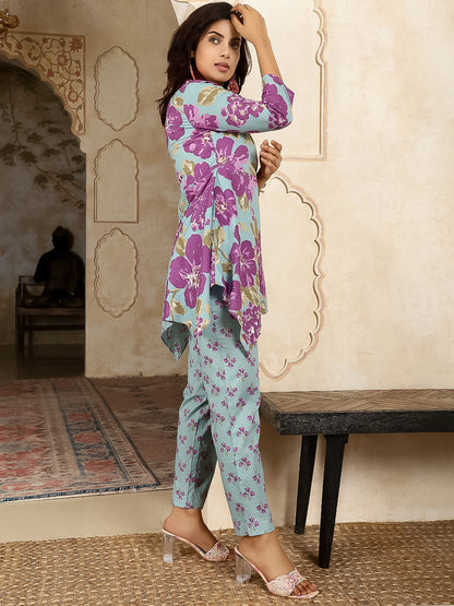 Cotton Hip Length Printed Asymmetric 3/4 Sleeves Shirt Coller Kurta Suit Set