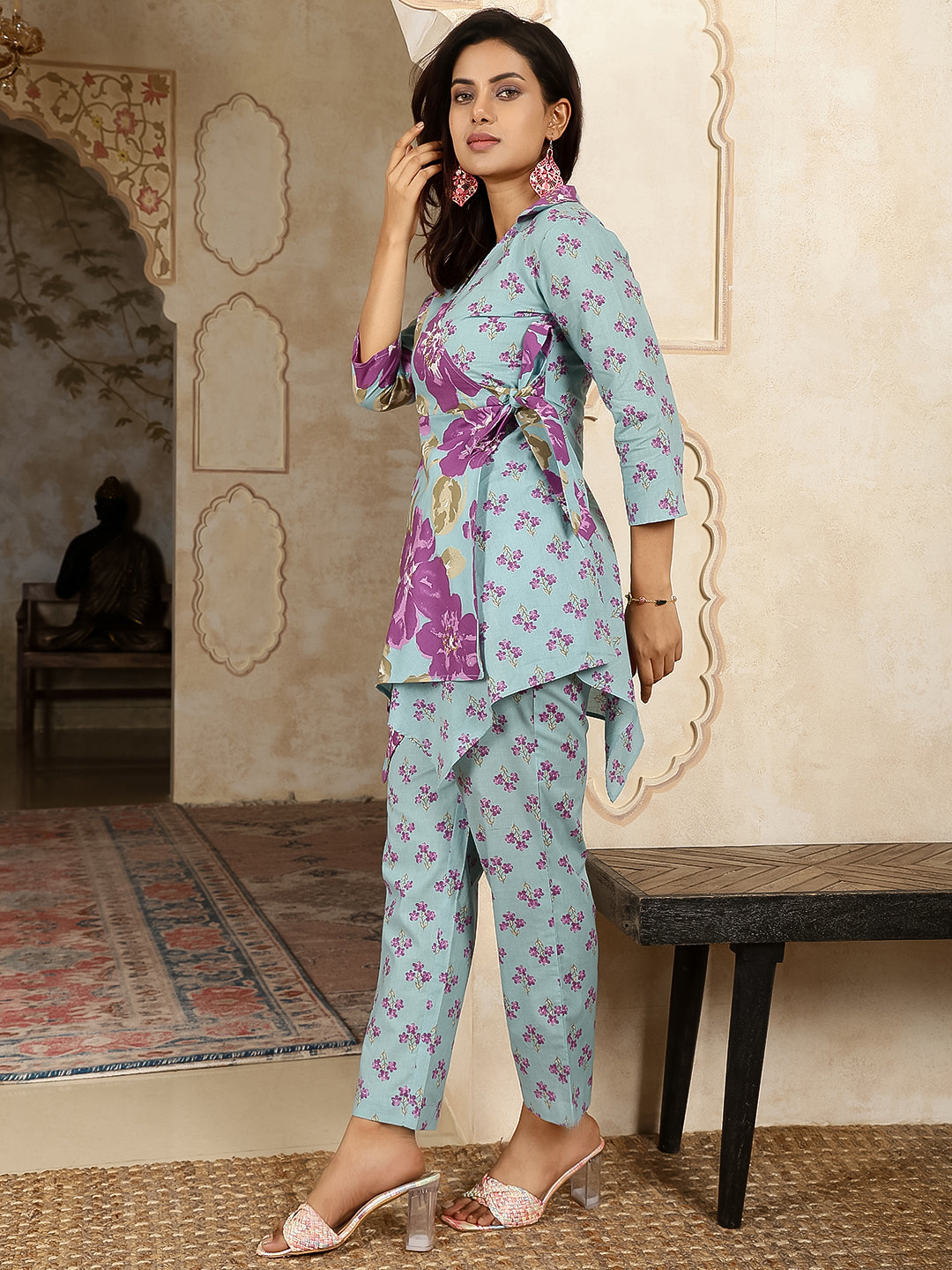 Cotton Hip Length Printed Asymmetric 3/4 Sleeves Shirt Coller Kurta Suit Set