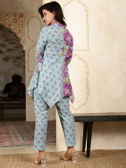 Cotton Hip Length Printed Asymmetric 3/4 Sleeves Shirt Coller Kurta Suit Set