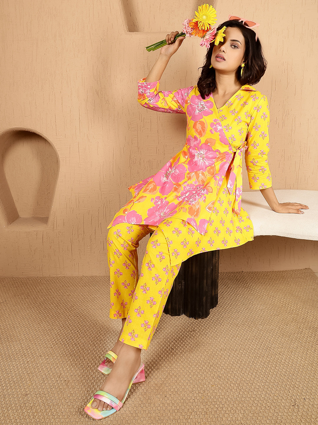 Cotton Hip Length Printed Asymmetric 3/4 Sleeves Shirt Coller Kurta Suit Set