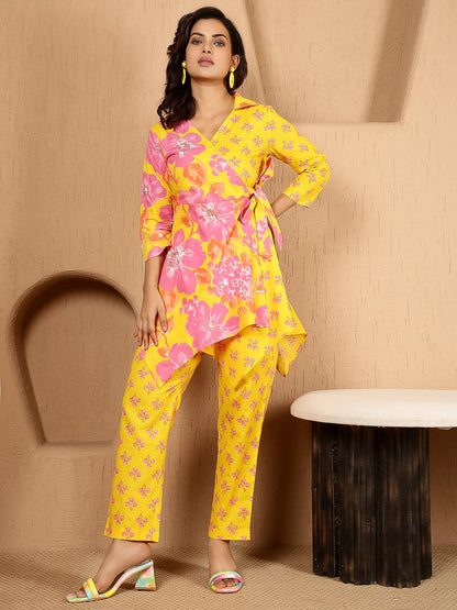 Cotton Hip Length Printed Asymmetric 3/4 Sleeves Shirt Coller Kurta Suit Set