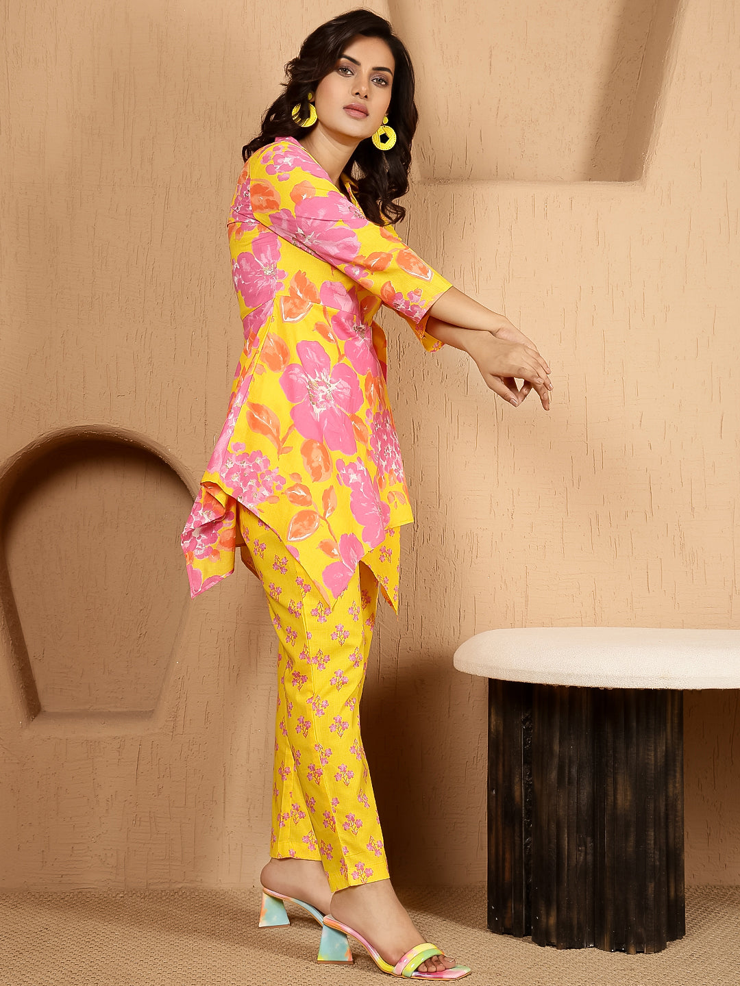 Cotton Hip Length Printed Asymmetric 3/4 Sleeves Shirt Coller Kurta Suit Set