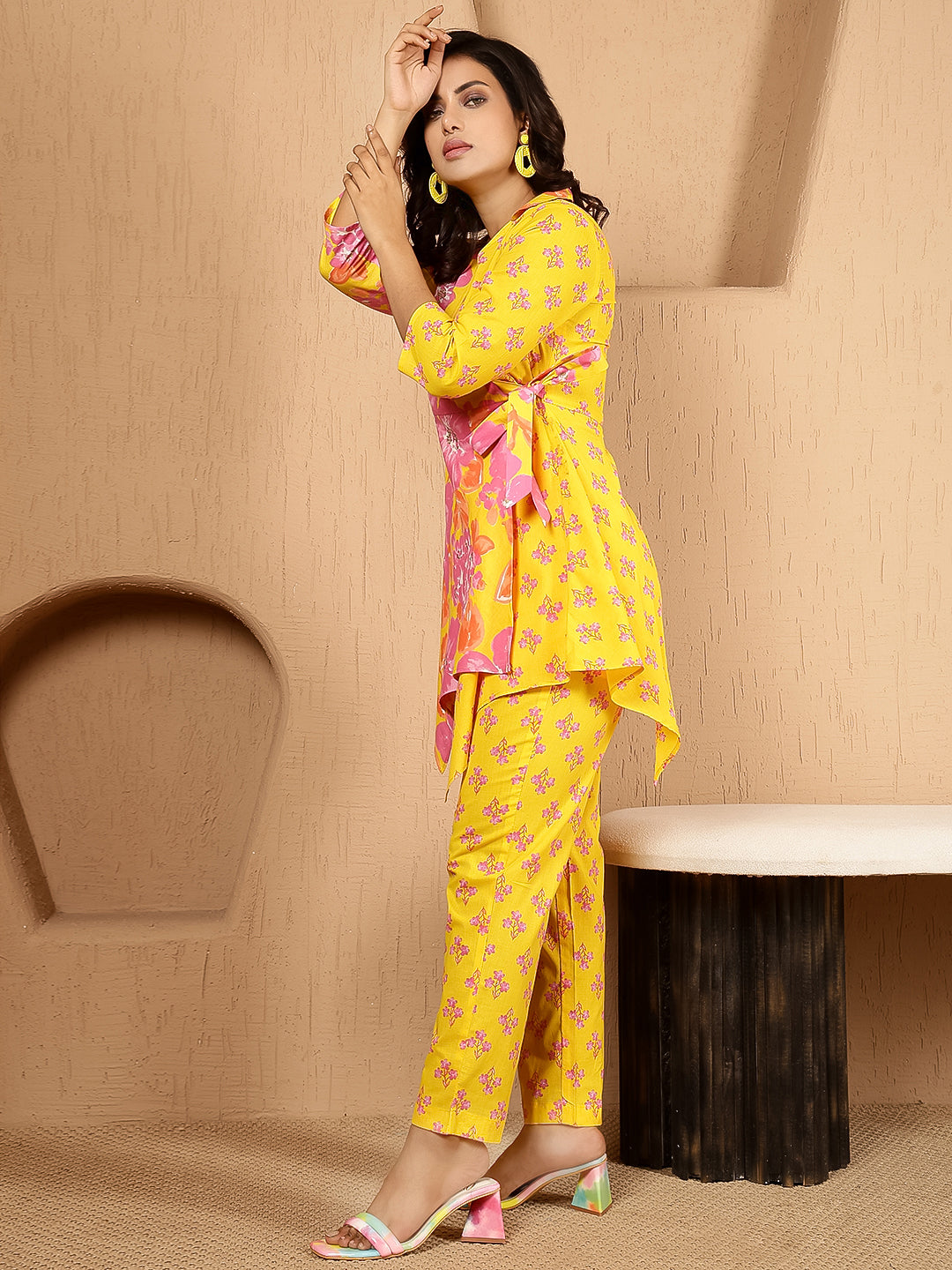 Cotton Hip Length Printed Asymmetric 3/4 Sleeves Shirt Coller Kurta Suit Set