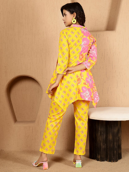 Cotton Hip Length Printed Asymmetric 3/4 Sleeves Shirt Coller Kurta Suit Set
