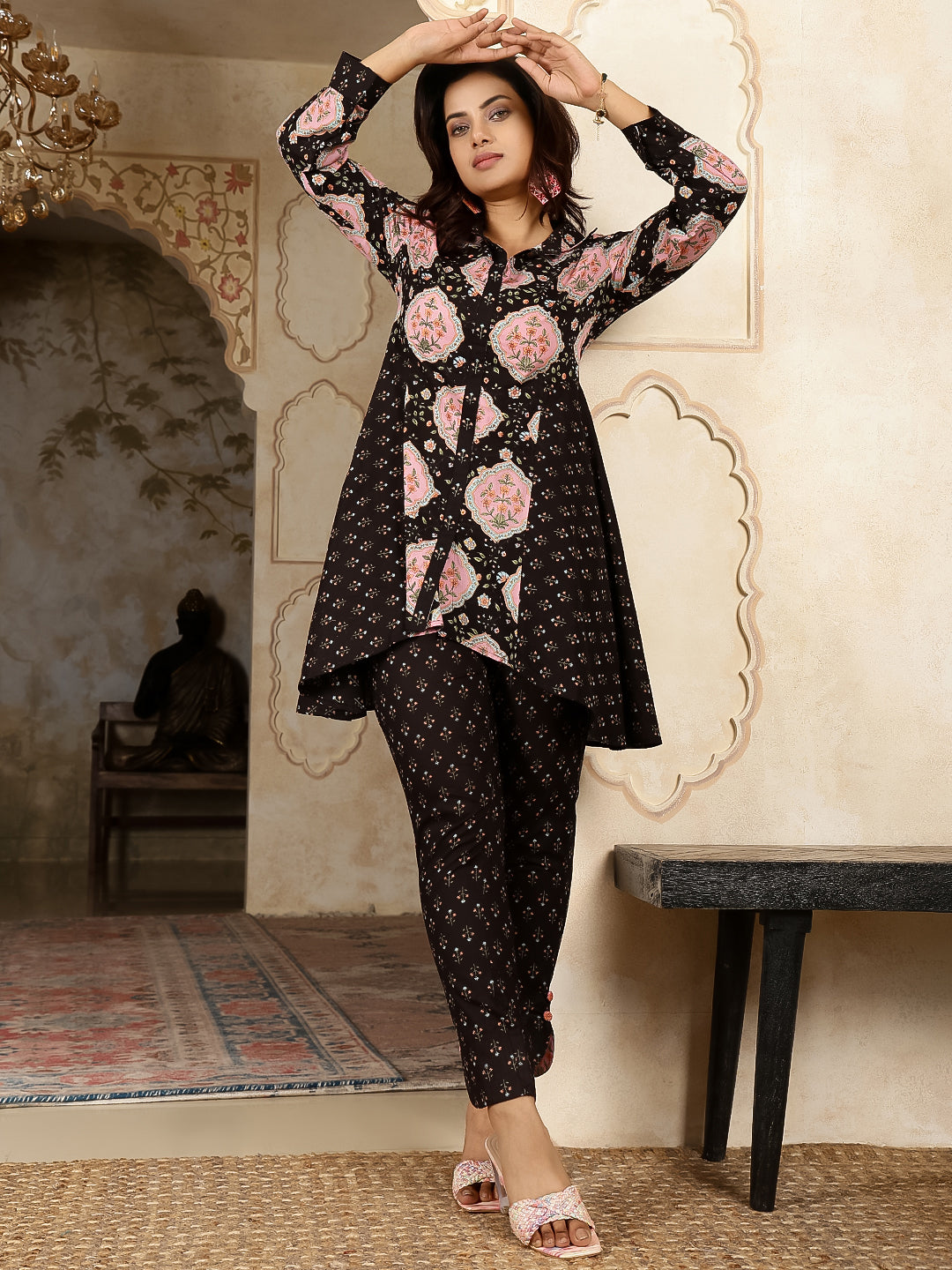 Cotton Hip Length Printed Asymmetric 3/4 Sleeves Shirt Coller Kurta Suit Set