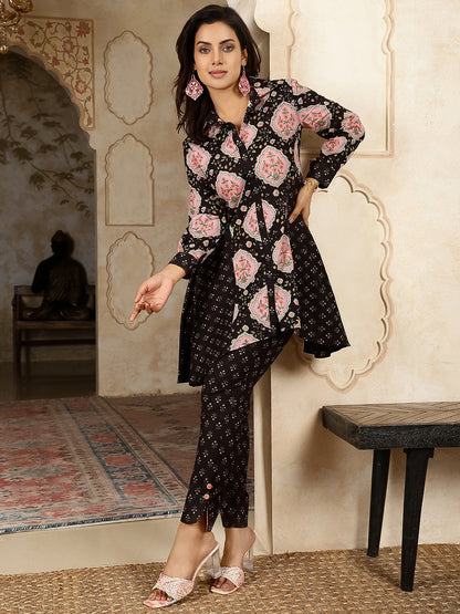 Cotton Hip Length Printed Asymmetric 3/4 Sleeves Shirt Coller Kurta Suit Set
