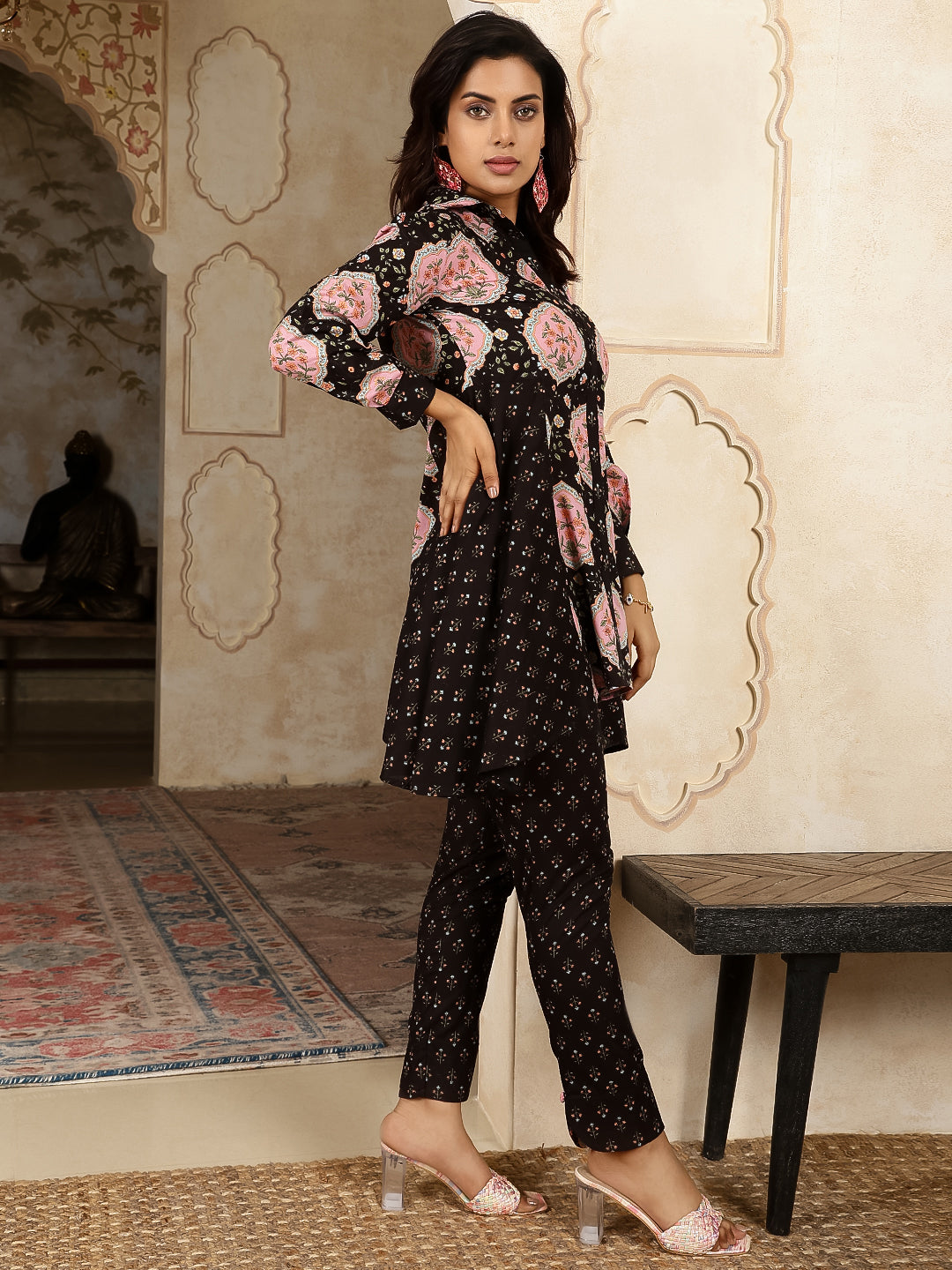 Cotton Hip Length Printed Asymmetric 3/4 Sleeves Shirt Coller Kurta Suit Set