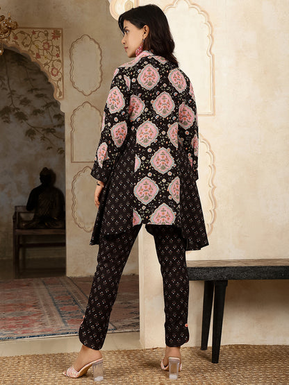 Cotton Hip Length Printed Asymmetric 3/4 Sleeves Shirt Coller Kurta Suit Set