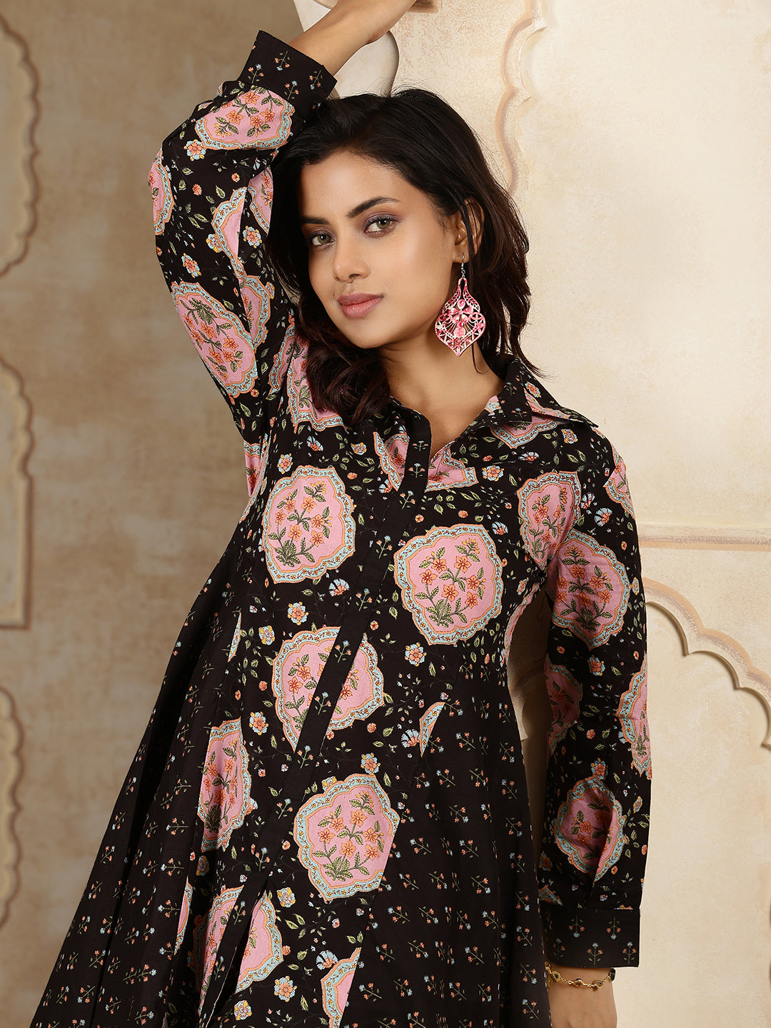 Cotton Hip Length Printed Asymmetric 3/4 Sleeves Shirt Coller Kurta Suit Set