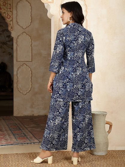 Cotton Hip Length Printed Straight 3/4 Sleeves Shirt Coller Kurta Suit Set