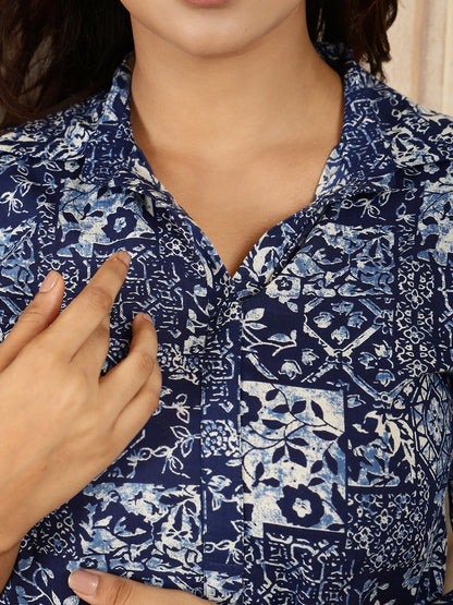 Cotton Hip Length Printed Straight 3/4 Sleeves Shirt Coller Kurta Suit Set