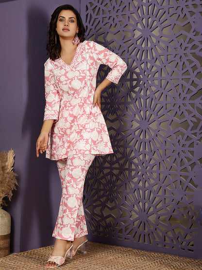 Cotton Hip Length Printed Straight 3/4 Sleeves V Neck Kurta Suit Set