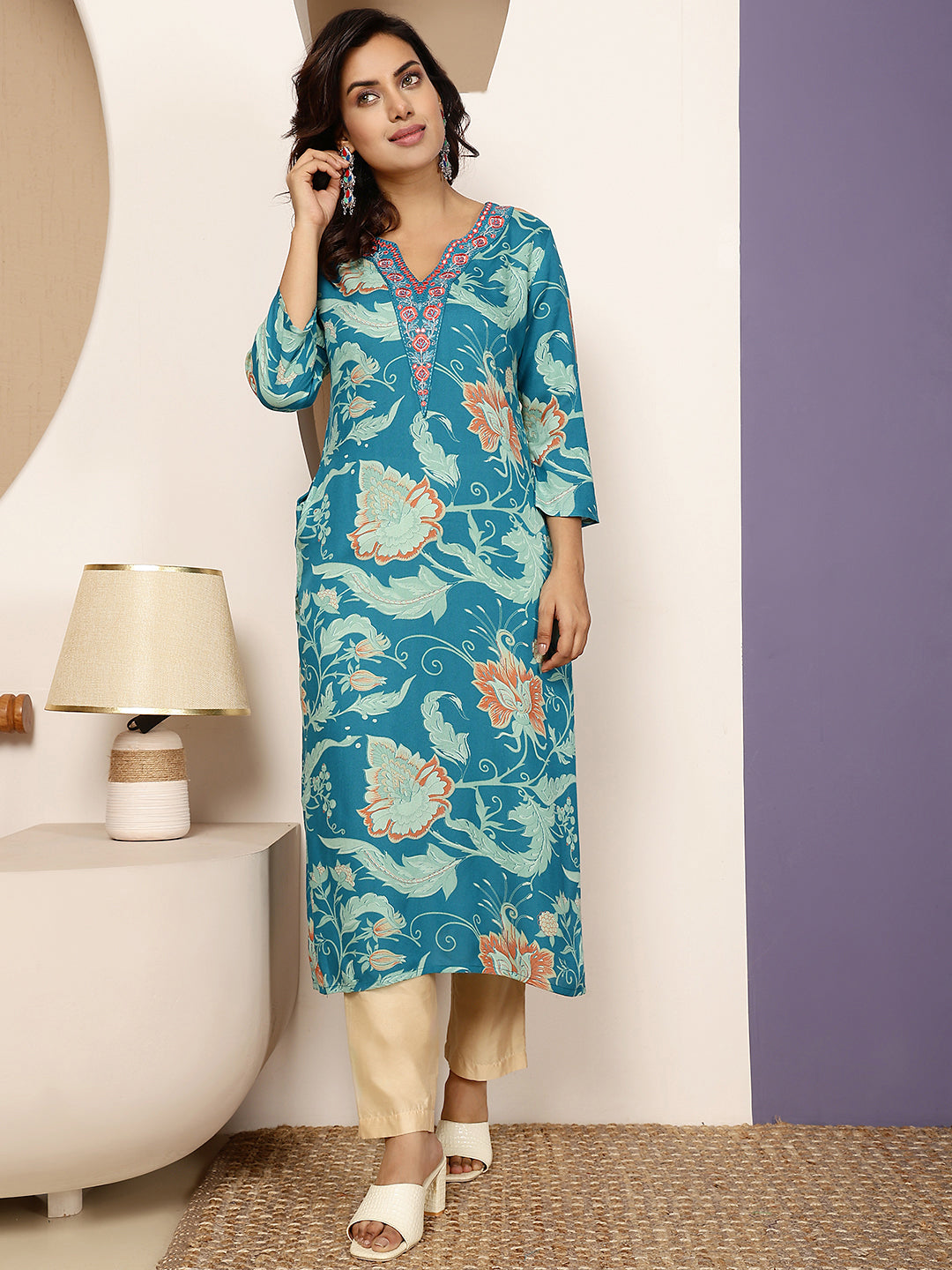 Rayon Calf Length Printed Straight 3/4 Sleeves V Neck Kurta