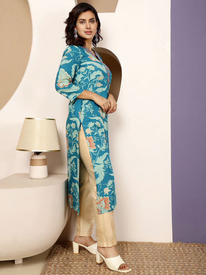 Rayon Calf Length Printed Straight 3/4 Sleeves V Neck Kurta