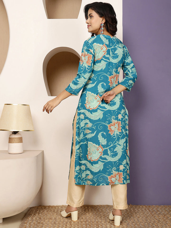Rayon Calf Length Printed Straight 3/4 Sleeves V Neck Kurta