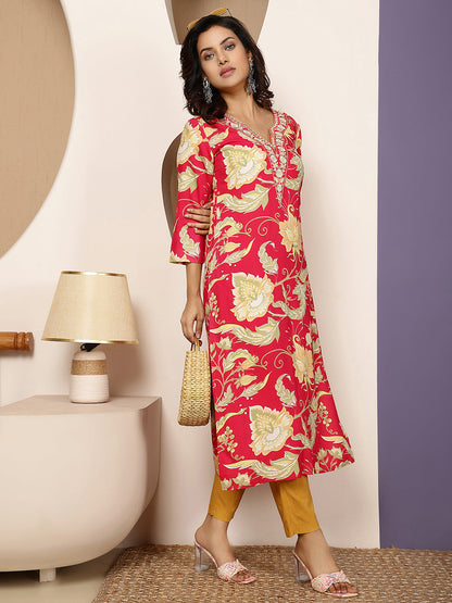 Rayon Calf Length Printed Straight 3/4 Sleeves V Neck Kurta