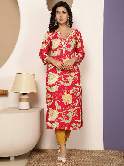 Rayon Calf Length Printed Straight 3/4 Sleeves V Neck Kurta