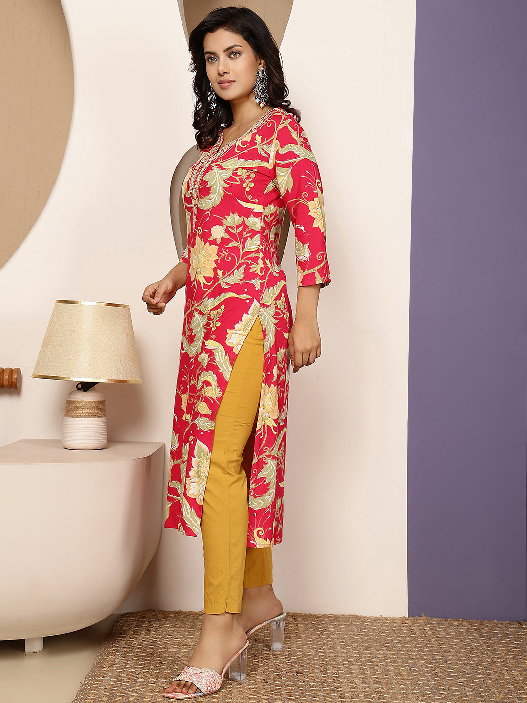 Rayon Calf Length Printed Straight 3/4 Sleeves V Neck Kurta