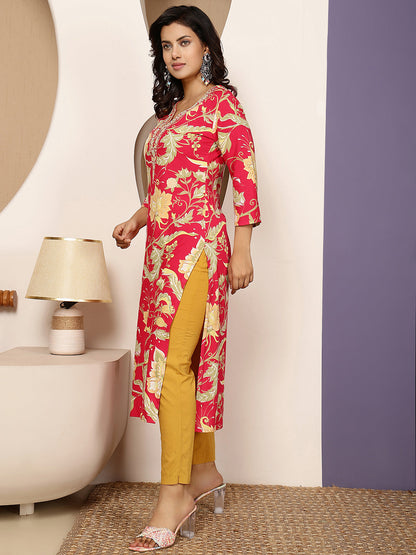 Rayon Calf Length Printed Straight 3/4 Sleeves V Neck Kurta