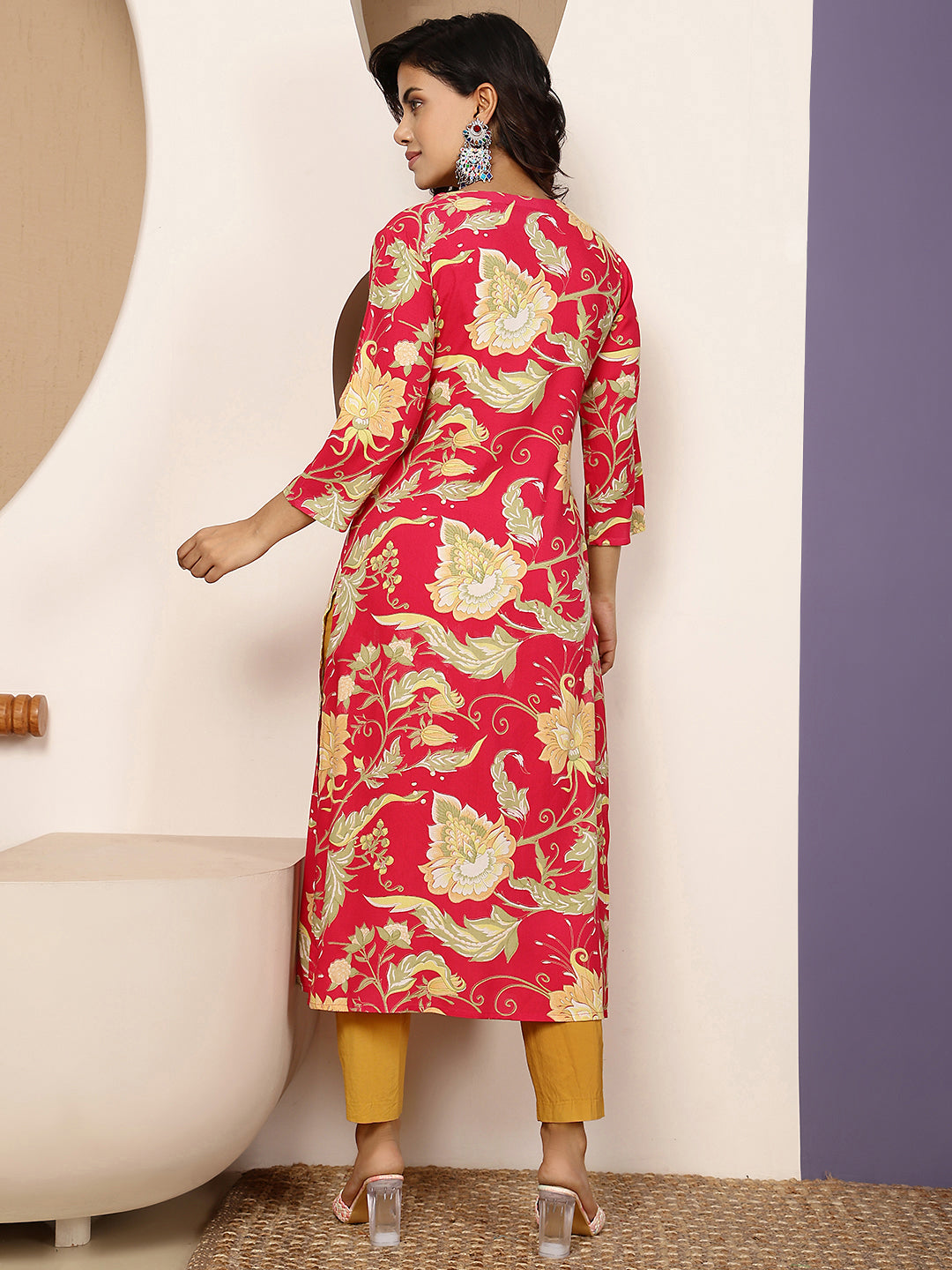 Rayon Calf Length Printed Straight 3/4 Sleeves V Neck Kurta