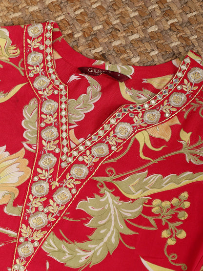 Rayon Calf Length Printed Straight 3/4 Sleeves V Neck Kurta