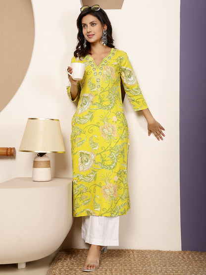 Rayon Calf Length Printed Straight 3/4 Sleeves V Neck Kurta
