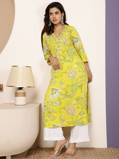 Rayon Calf Length Printed Straight 3/4 Sleeves V Neck Kurta