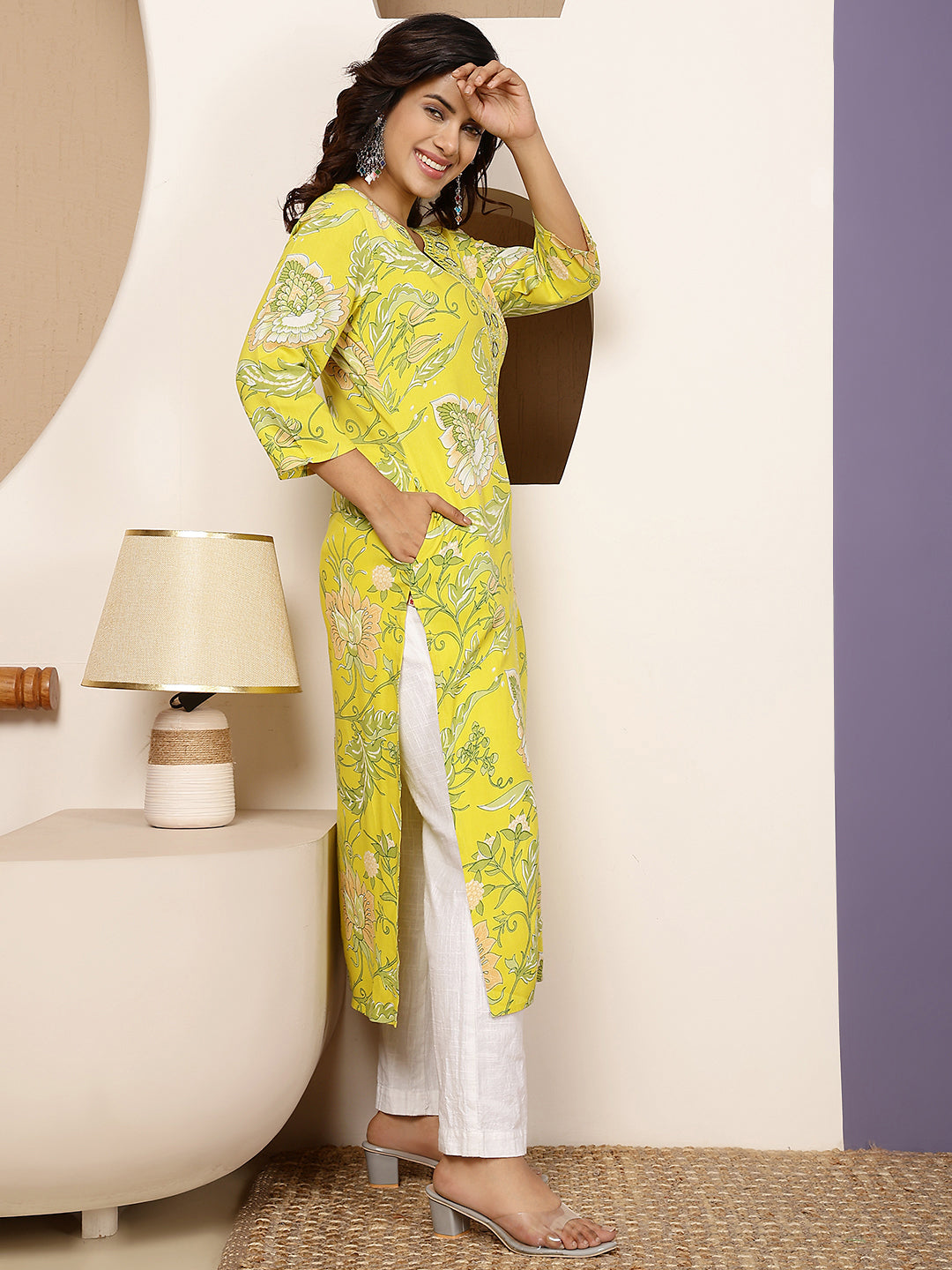 Rayon Calf Length Printed Straight 3/4 Sleeves V Neck Kurta