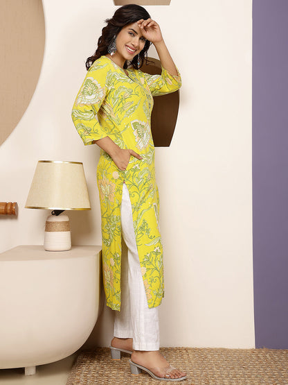 Rayon Calf Length Printed Straight 3/4 Sleeves V Neck Kurta