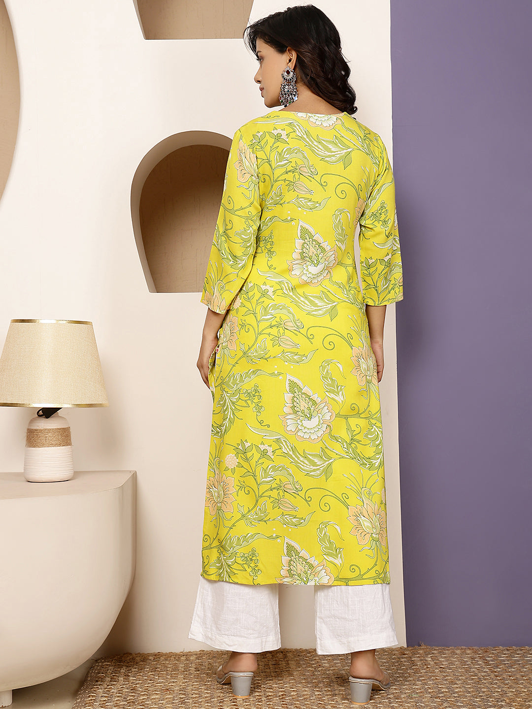 Rayon Calf Length Printed Straight 3/4 Sleeves V Neck Kurta
