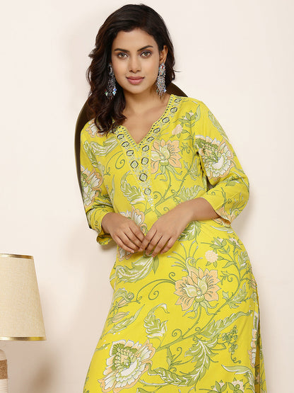 Rayon Calf Length Printed Straight 3/4 Sleeves V Neck Kurta
