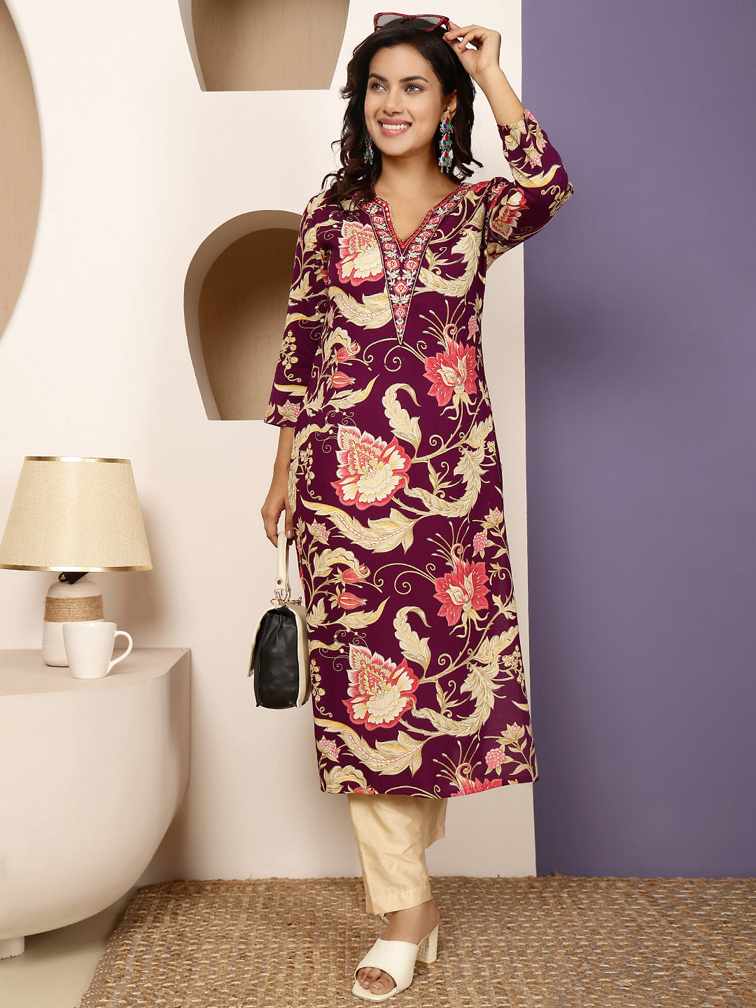 Rayon Calf Length Printed Straight 3/4 Sleeves V Neck Kurta